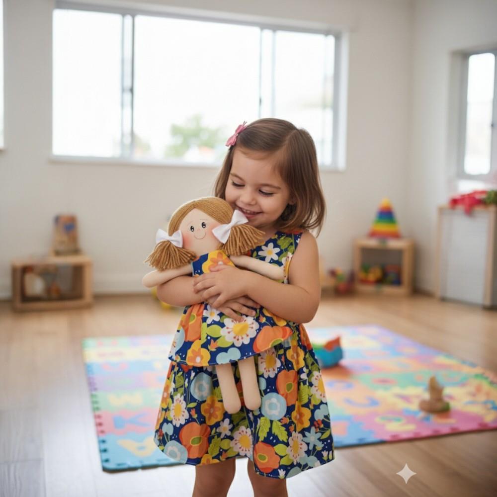 Vestido e boneca, estampa flores e azul