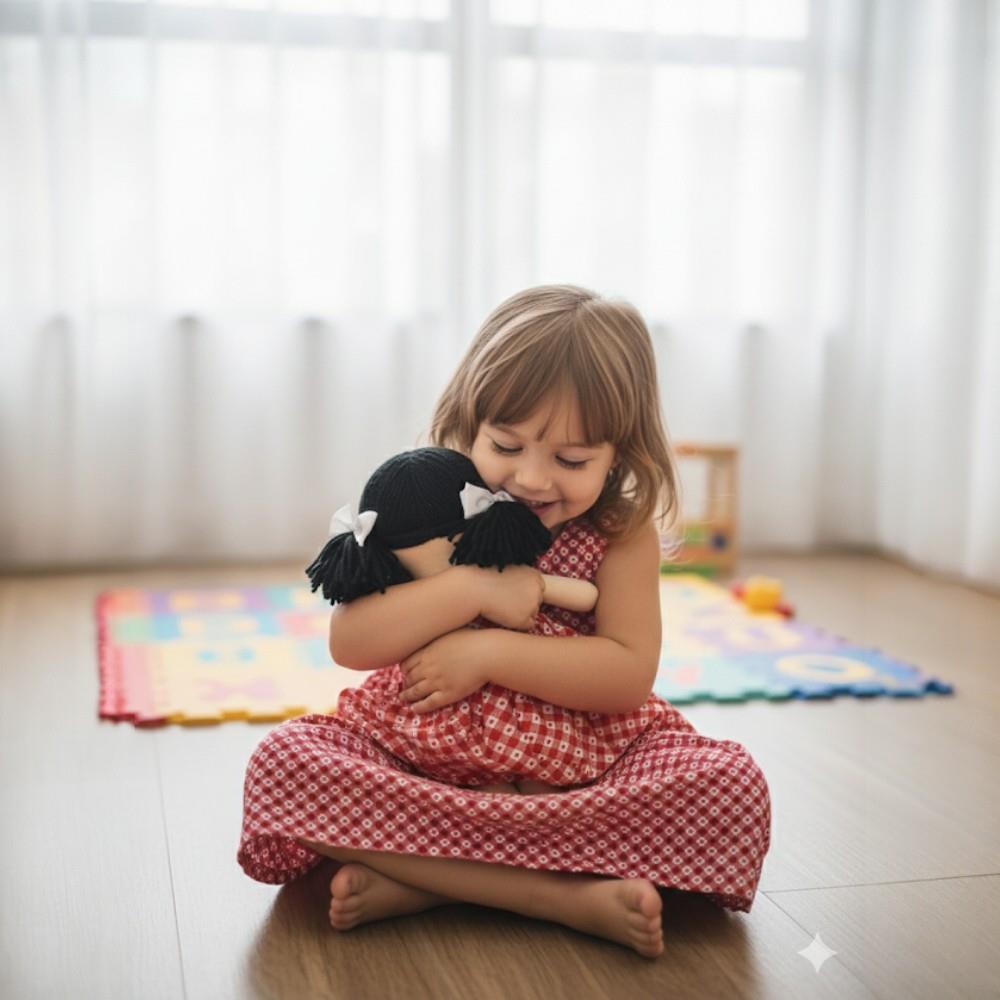 Vestido e boneca, estampa xadrez  e coração vermelho