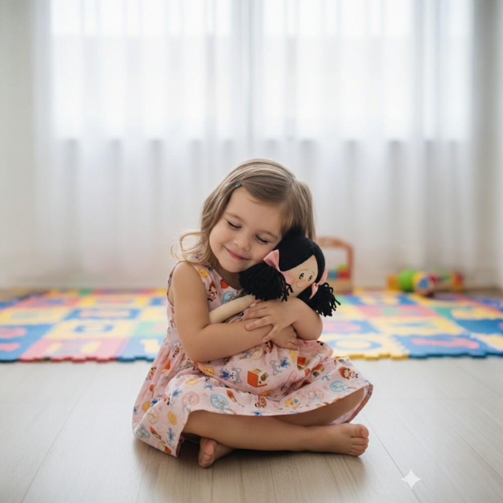 Vestido e boneca, estampa chapeuzinho vermelho e lobo