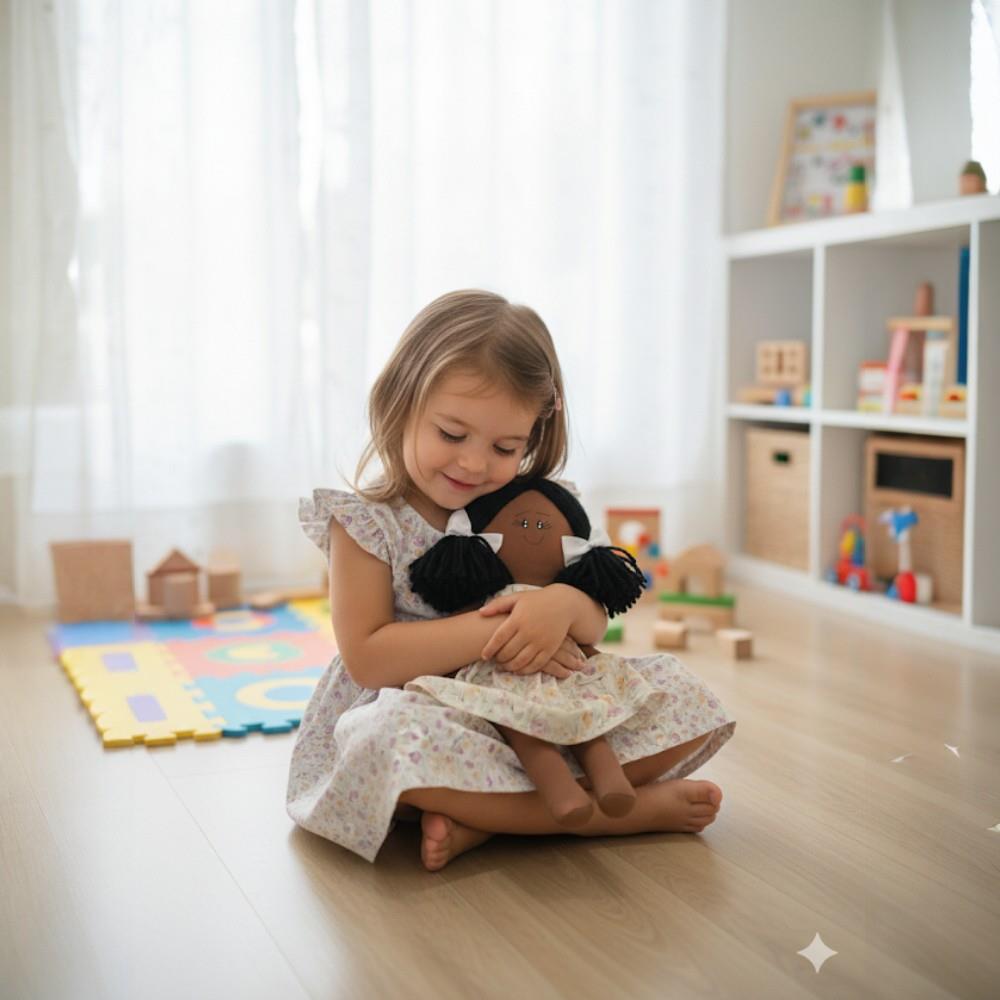 Vestido e boneca, estampa flores e babados