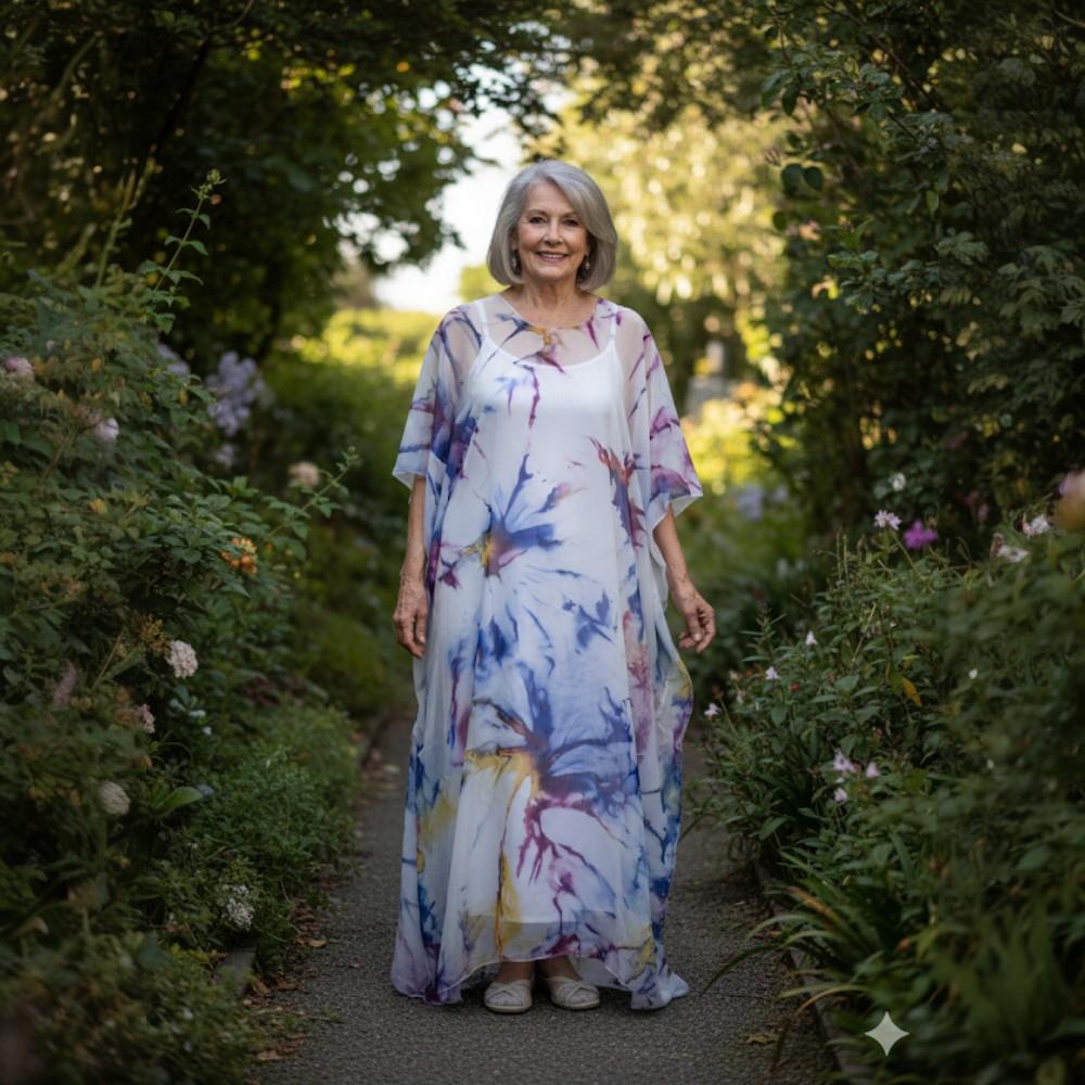 Kaftan longo musseline toque de seda azul, amarelo, roxo